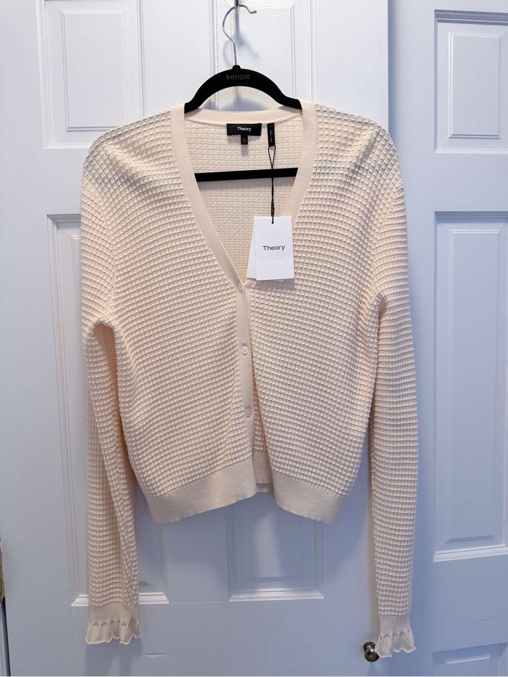 Theory Cream Waffle-Knit V-Neck Button Cardigan
